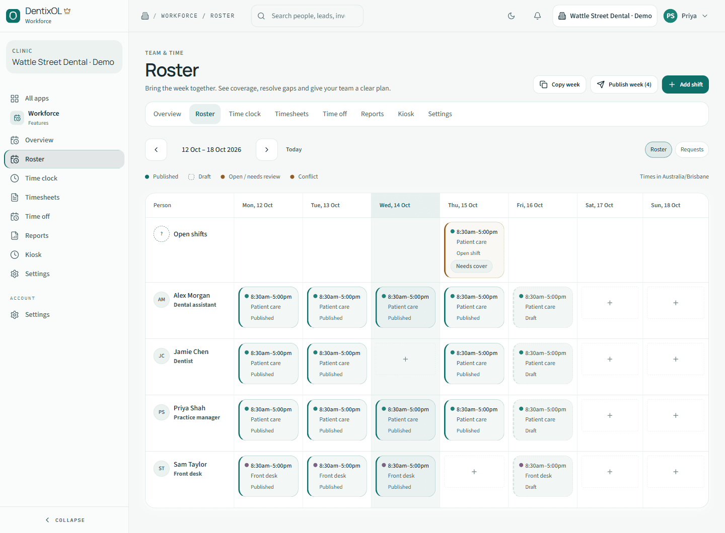 DentixOL team roster showing a sample week with published, draft and open shifts